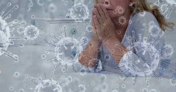 Digital Illustration Macro Covid Cells Floating Caucasian Senior Woman Praying — Stock Photo, Image