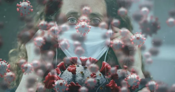 Digital Illustration Makro Covid Celler Flyter Över Kvinna Bär Ansiktsmask — Stockfoto