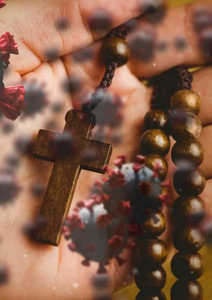 Digital Illustration Macro Covid Cells Floating Crucifix Rosary Lying Caucasian — Stock Photo, Image
