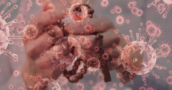 Cyfrowa Ilustracja Makro Covid Komórek Pływających Rękach Trzymających Różaniec Modlących — Zdjęcie stockowe