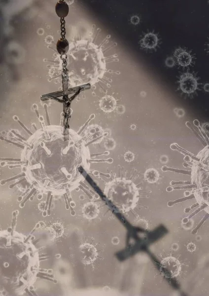 数字图上的巨细胞Covid 19漂浮在高加索十字架上的念珠 Coronavirus全球大流行病概念 数字组合时代的宗教信仰 — 图库照片