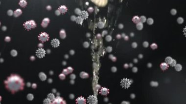 Siyah arka planda fıskiyeden akan suyun üzerinde yüzen makro Covid-19 hücrelerinin animasyonu. Coronavirus Covid-19 pandemik konsept dijital bileşik