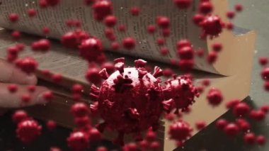 İnsanoğlunun İncil 'e dokunup okuduğu makro Covid-19 hücrelerinin animasyonu. Coronavirus Covid-19 pandemik konsept dijital bileşik