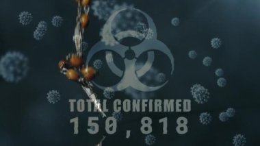 Toplam onaylanmış sayıyla biyolojik tehlike işaretinin animasyonu koyu arkaplanda süzülen makro Covid-19 hücreleriyle birlikte yükseliyor. Coronavirus Covid-19 pandemik konsept dijital bileşik