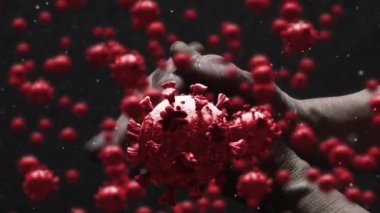 Siyah arka planda dua eden makro Covid-19 hücrelerinin animasyonu. Coronavirus Covid-19 pandemik konsept dijital bileşik