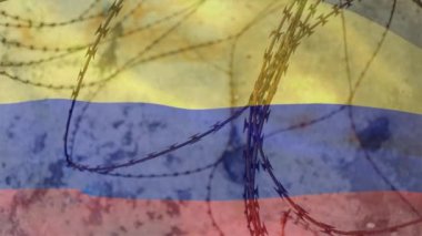 Kolombiya bayrağının üzerinde sallanan dikenli tellerin animasyonu. Covid 19 koronavirüs pandemik seyahat kısıtlamaları dijital bileşik.