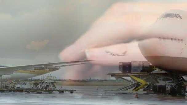 Animatie Van Het Vliegtuig Dat Opstijgt Luchthaven Persoon Die Typt — Stockvideo