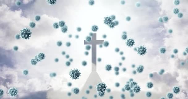 Animation Cellules Macro Covid Flottant Dessus Croix Avec Des Nuages — Video