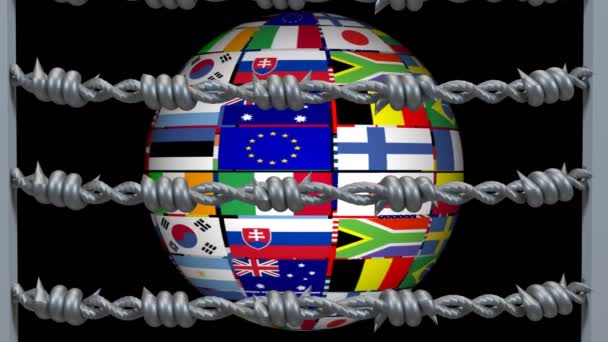 在黑色背景上的多个国旗的旋转球面上 有刺铁丝网的动画效果 Covid Coronavirus大流行病旅行限制数字复合 — 图库视频影像
