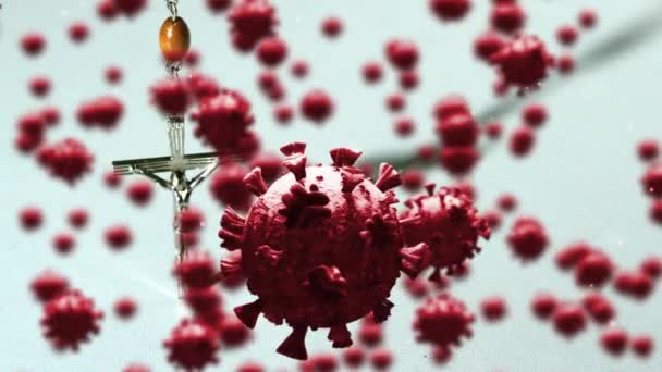 Анімація Макроклітин Covid Плавають Над Падінням Троянди Фоні Світла Coronavirus — стокове відео