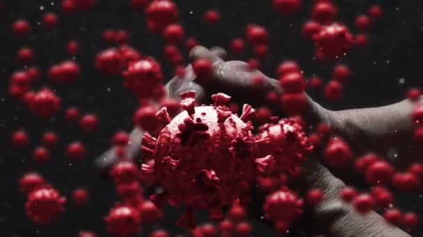Animacja Makro Covid Komórek Unoszących Się Dłoniach Modlących Się Czarnym — Wideo stockowe
