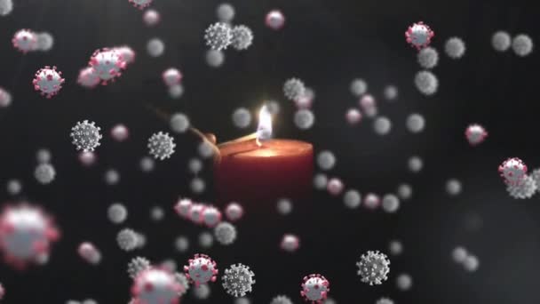 Animación Células Macro Covid Flotando Sobre Mano Encendiendo Una Vela — Vídeo de stock