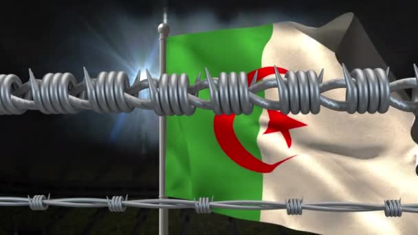 アルジェリアの国旗の上に有刺鉄線のアニメーション Covid 19コロナウイルスパンデミック旅行制限デジタル複合体 — ストック動画