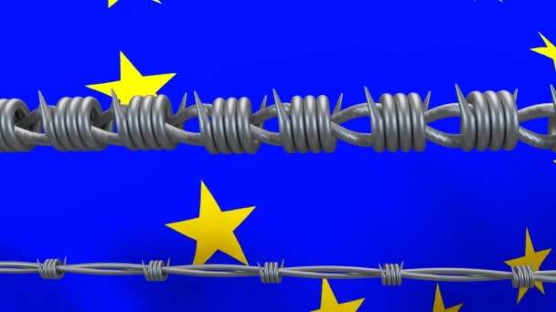 Animace Ostnatého Drátu Nad Národní Vlajkou Evropské Unie Vlnící Covid — Stock video