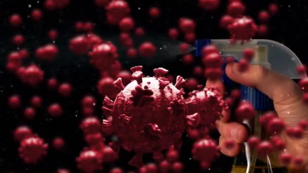 Анімація Макроклітин Covid Плавають Над Рукою Використовуючи Утримуючи Спринклери Coronavirus — стокове відео