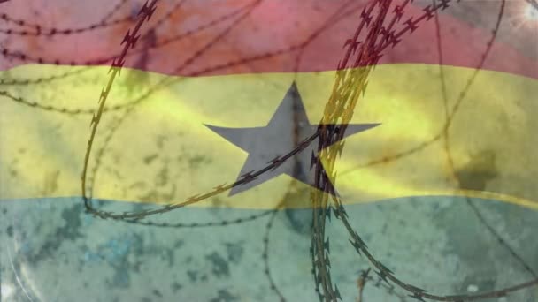 ガーナの国旗の上に有刺鉄線のアニメーション Covid 19コロナウイルスパンデミック旅行制限デジタル複合体 — ストック動画