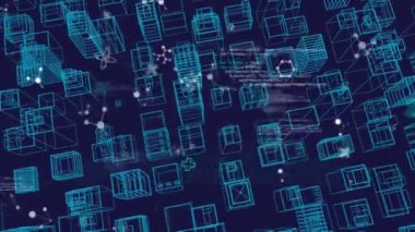 Beyaz moleküller ve veri işleme ile mavi şehrin 3 boyutlu animasyonu. Küresel bilim ve araştırma konsepti dijital olarak oluşturulmuş görüntü.