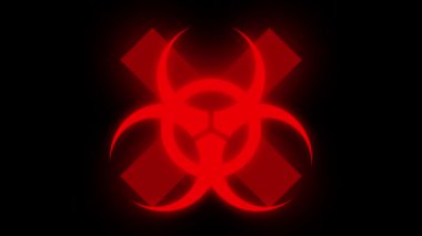 Kırmızı biyolojik tehlike virüsünün animasyonu ve siyah arka planda çapraz işaret. Coronavirus Covid 19 salgın konsepti dijital olarak oluşturulmuş görüntü.