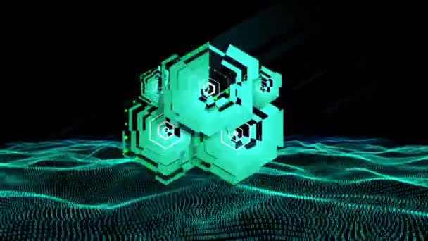 Animation Green Abstract Hexagon Shapes Spinning Hypnotic Motion Black Background — Stock Video