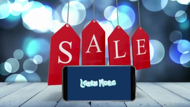 Animace slov Prodej na červené visící tagy a dozvědět se více na obrazovce smartphone s skvrnami modrého světla v pozadí, koncept maloobchodního prodeje digitálně generovaný obrázek.