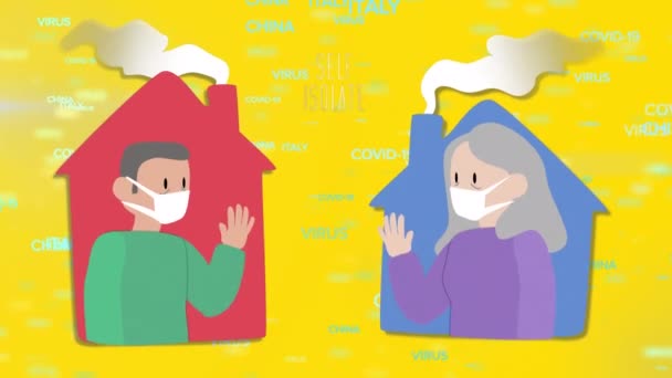 黄色の背景の上に家から2人が手を振っている自己孤立したメッセージのアニメーション — ストック動画