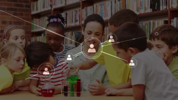 Animation Network Connections Icons Female Teacher Schoolchildren Classroom Background — Stock Video