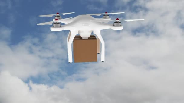 Animation Του Ψηφιακού Drone Κρατώντας Πακέτο Πάνω Από Σύννεφα Στο — Αρχείο Βίντεο