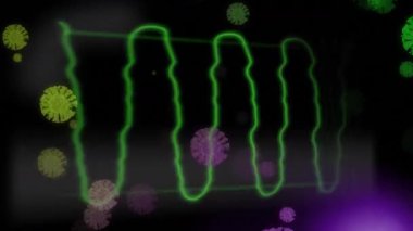 Yeşil makro Covid-19 hücrelerinin yeşil kalp atışı monitörünün üzerinde yüzmesi ve siyah arka planda mor ışıklar. Coronoavirus Covid-19 salgın sağlık kontrolü konsepti, dijital kompozit video