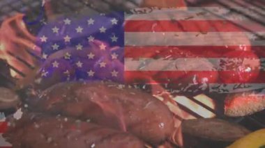 Amerika Birleşik Devletleri animasyonu bir barbekü, başkanlık seçim demokrasisi tatil konsepti, animasyon dijital kompozisyon üzerine ızgara sosis görüntüsü üzerinde yanıp sönen bayrak