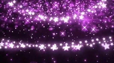 Siyah ve mor arkaplana karşı yıldız sicim ışıklarının üzerinde yüzen pembe ışık kıvılcımlarının animasyonu. Kutlama ışıkları ve havai fişekler, dijital kompozit video