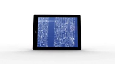 Ekranda parlayan mikroişlemci devre kartı bağlantıları olan beyaz arkaplanda bir tablet bilgisayarın canlandırması.