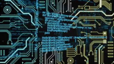 Veri işleme ve dijital bilginin taşınması üzerine mikroişlemci devre bağlantılarının animasyonu. Küresel teknoloji ve kimlik kavramı dijital kompozit