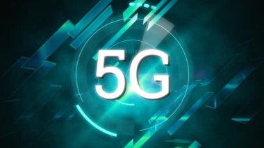 Mavi dairesel bir dürbün içinde 5G 'nin mavi ışıklı siyah bir arkaplanı açtığı beyaz metin animasyonu. İletişim teknolojisi geliştirme kavramı