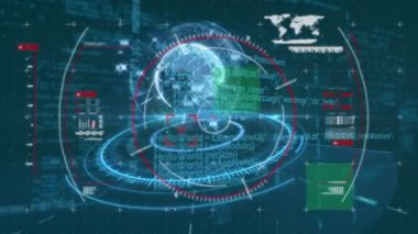 Hareket eden dürbünlerin tarama ve veri işleme animasyonu, siyah arkaplan üzerinde dönen 3D dünya üzerindeki istatistikleri gösterir.