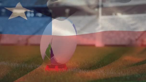 Animatie Van Chileense Vlag Zwaaiend Een Rugbybal Het Veld Een — Stockvideo