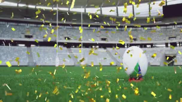 Animación Confeti Dorado Cayendo Sobre Una Pelota Rugby Campo Estadio — Vídeo de stock