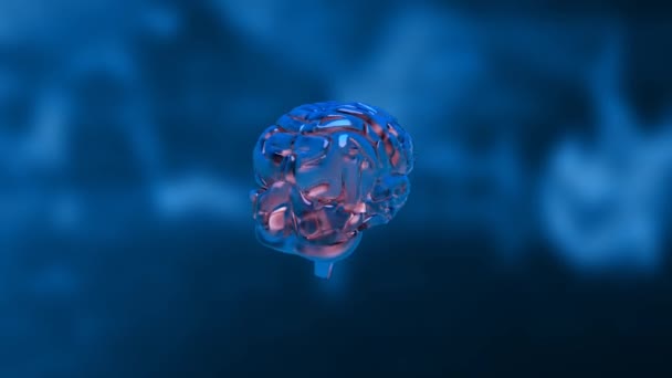 3D銀人間の脳のアニメーションは 斑状の青色の背景に向かって回転します — ストック動画