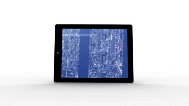 Animatie Van Een Tablet Computer Met Gloeiende Microprocessor Printplaatverbindingen Het — Stockvideo