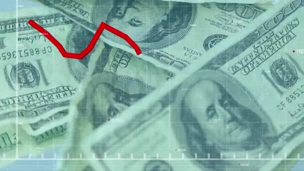 Animation Red Line Graph Forming Pile Dollar Bills Rotating National — Stock Video