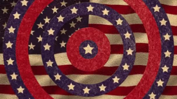 青い円と赤い円で白い星を回転させてアメリカ国旗を振るアニメーション アメリカ愛国心の概念デジタル生成されたイメージ — ストック動画