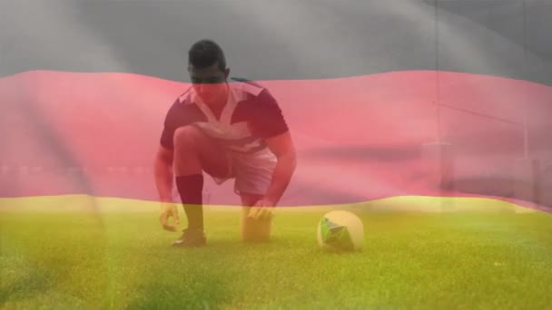 Animation Drapeau National Allemand Agitant Vent Dessus Joueur Rugby Mixte — Video