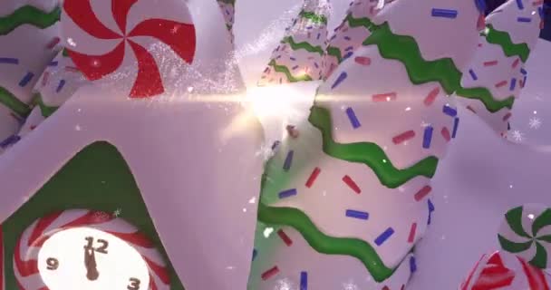 Süslü Noel Ağaçları Arasında Yüzen Kayan Bir Yıldızın Animasyonu Karla — Stok video