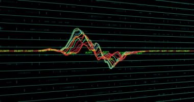 Çizgilerde sayılar yüzerken birden fazla renkli çizgiden oluşan bir grafiğin animasyonu. Küresel ekonomi borsa konsepti dijital kompozisyon