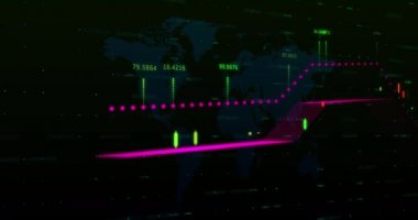Renkli bir grafiğin animasyonu dünya haritası üzerinde renkli sayılar ile. Küresel ekonomi borsa konsepti dijital kompozisyon