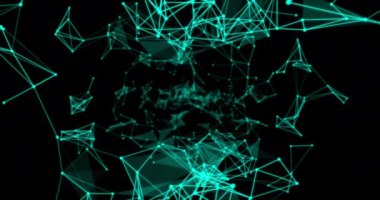 Çoklu mavi geometrik şekillerin ve bağlantıların animasyonu siyah arkaplan dijital bileşimi üzerine bir tünel oluşturur