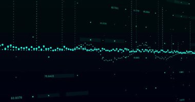 Mavi noktalardan oluşan bir grafiğin animasyonu yukarı ve aşağı gidiyor ve mavi sayılar siyah arkaplanda yüzüyor ve yükseliyor. Küresel ekonomi borsa konsepti dijital kompozisyon