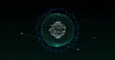 Çevrelenmiş bağlantılardan oluşan yeşil bir küre içinde dönen bağlantılardan oluşan beyaz bir kürenin animasyonu dijital bileşik bağlantılardan oluşan mavi bir ağ ile çevrili.