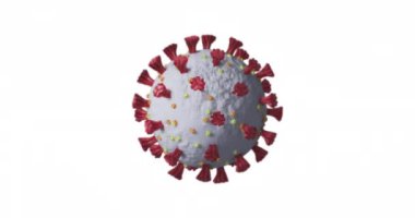 Beyaz zemin üzerinde dönen makro Covid 19 Corona virüs hücresinin animasyonu. İlaç halk sağlığı salgını Coronavirus Covid 19 salgın kavramı dijital olarak üretilen kavram.