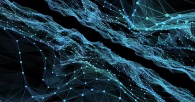 Çoklu mavi geometrik şekillerin ve bağlantıların animasyonu siyah arkaplan dijital bileşimi üzerine iki manzara oluşturur