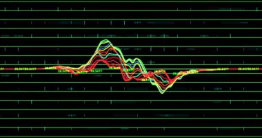 Renkli bir grafiğin bir ızgara üzerinde yukarı ve aşağı hareket edişinin animasyonu. Küresel ekonomi borsa konsepti dijital kompozisyon